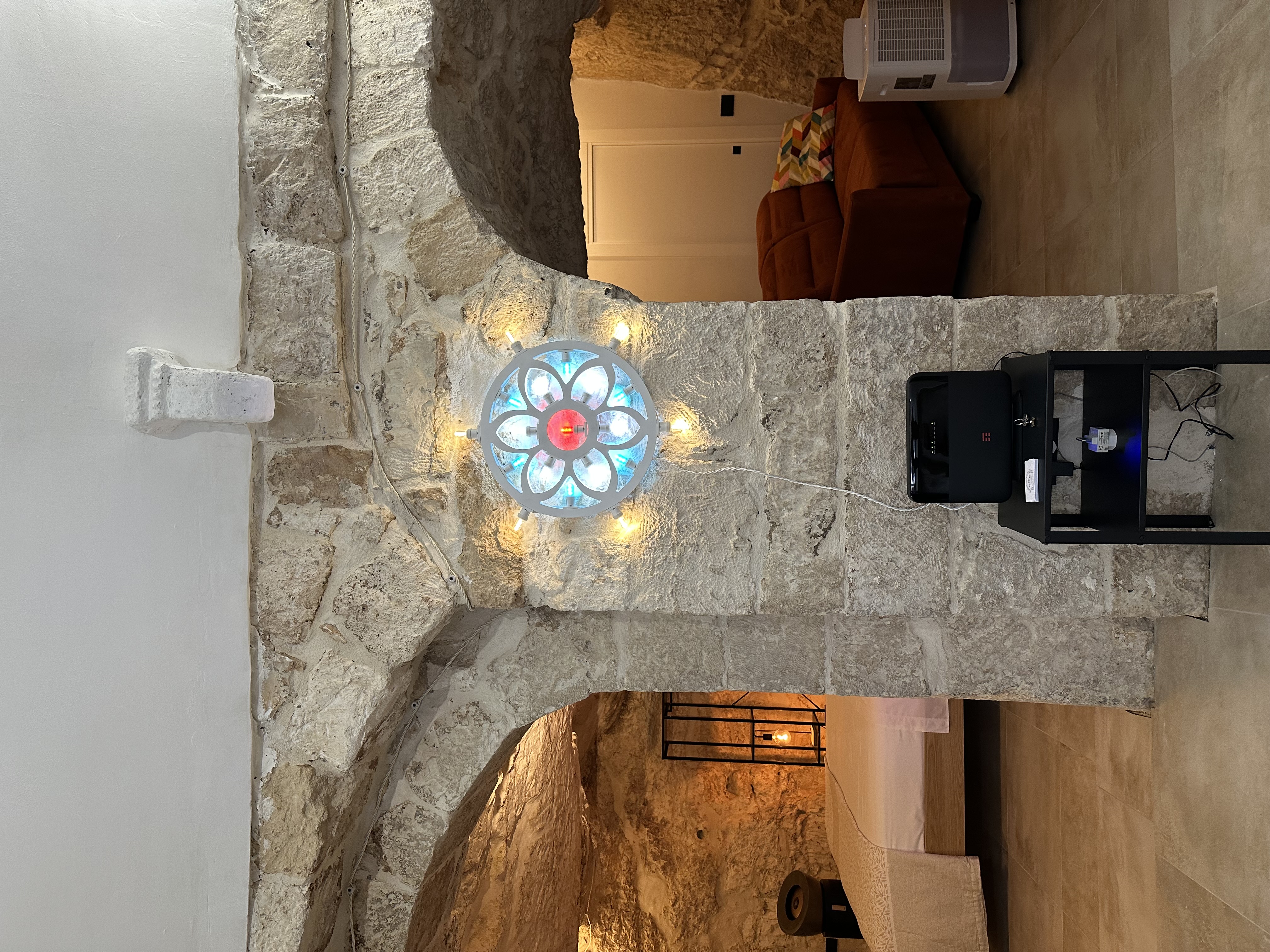 Interior living room with stone arches
